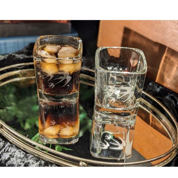 Vintage Ozark Airlines Etched Logo Square Lowball Rocks Glasses Pair First Class - Picture 2 of 10